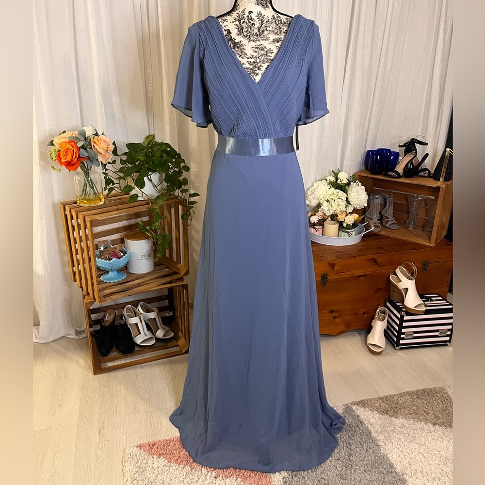 Ever Pretty Double V Neck Empire Waist Flutter Sleeves Subtle High Low Hemline